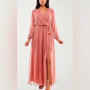 Premier Amour Women's 14 Maxi Dress Pink Metallic‎ Stripe V-Neck NEW